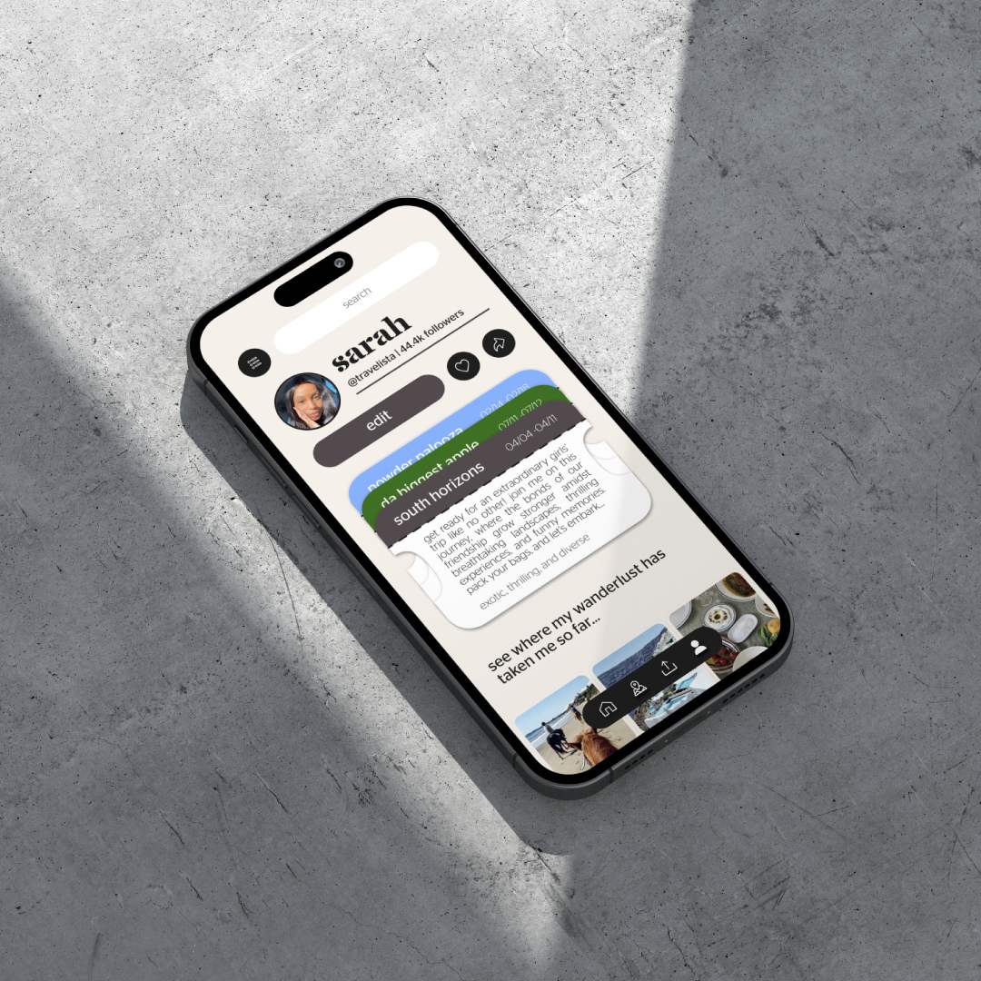 iPhone mockup of Adventura App user page against a concrete background.