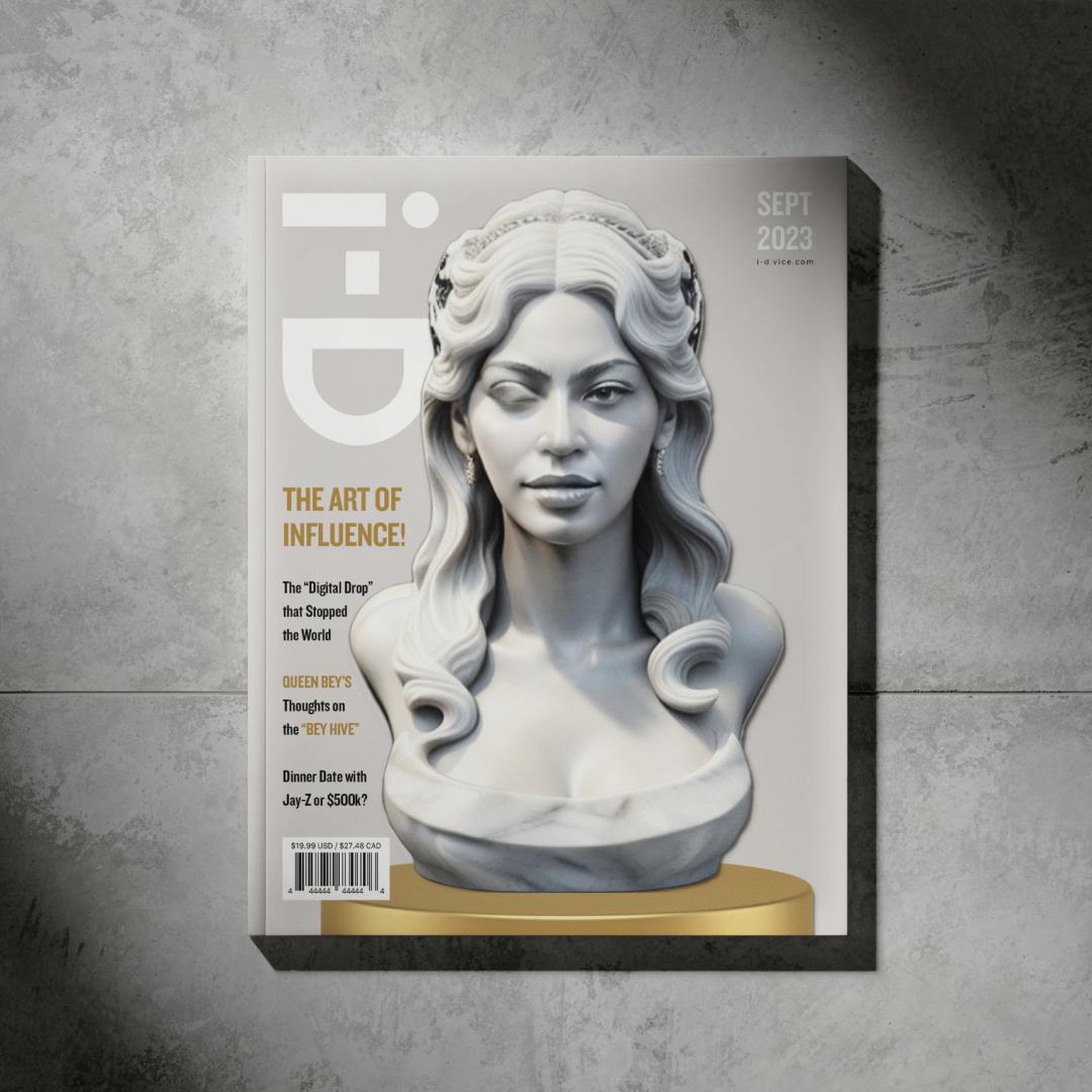 iD magazine cover page mockup against a concrete background.